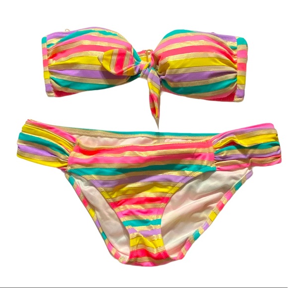 Victoria's Secret Other - Victoria’s Secret pink gold teal yellow bright striped bikini size small